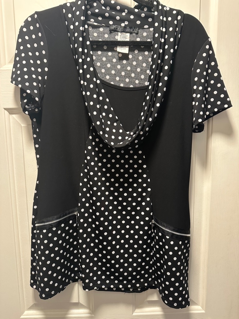 EUC Coco Bianco Black & White Polka Dot Cowl Neck Top with Zip Trim Pockets